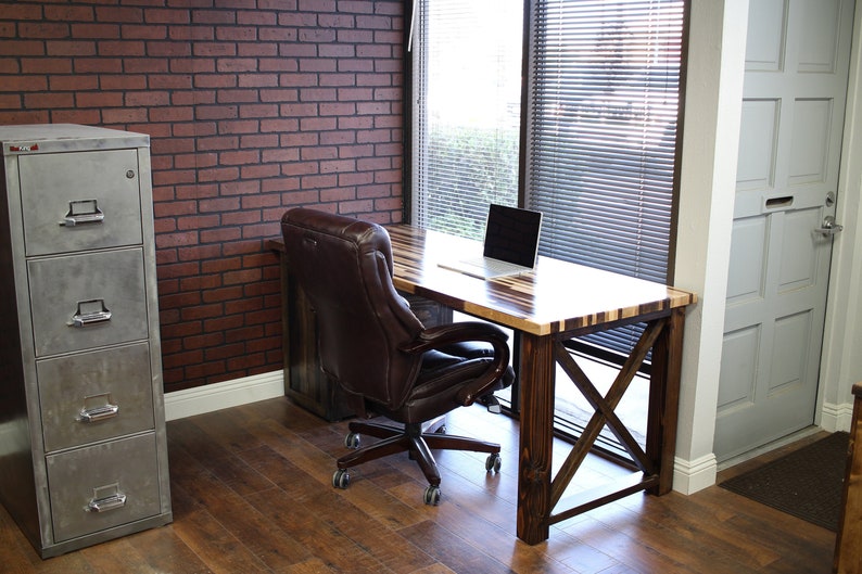 Farmhouse Desk / X legs and Cabinet / Solid Wood Butcher Block Top All wood / industrial / rustic office furniture / unique desk image 4