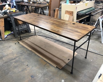 Butcher Block Industrial Pipe Desk, Steel and Wood, urban rustic office desk furniture, rustic standing desk in solid wood, handmade in USA