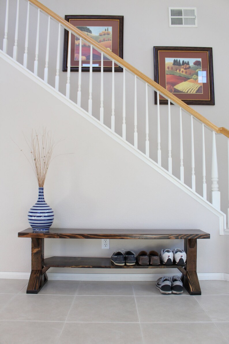 Farmhouse Shoe Bench in solid wood with 2 places for shoes and handmade in USA, entry mud room bench image 9