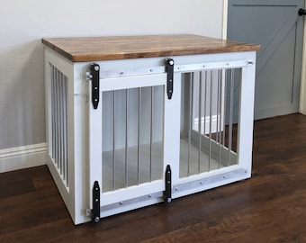 Farmhouse Dog Crate with Sliding Barn Doors in solid wood painted or stained, Modern Kennel, Handmade in USA, Rustic