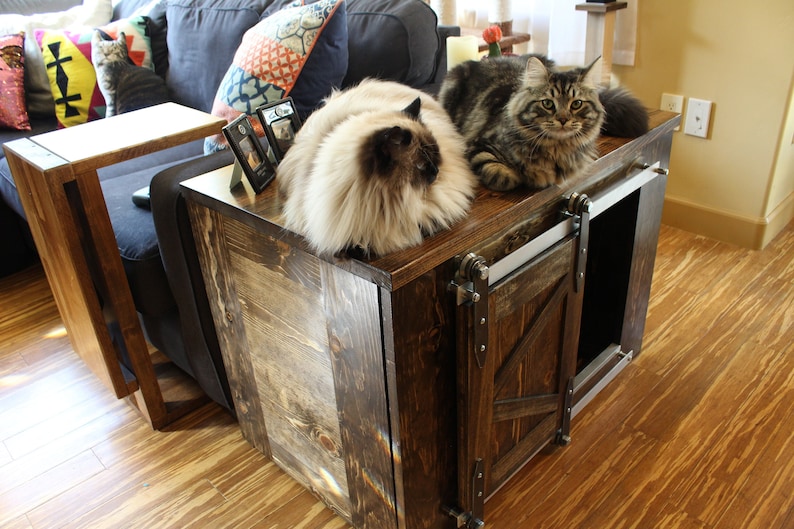 Cat Litter Box enclosure with Sliding barn doors in modern farmhouse style solid wood and handmade in USA image 1