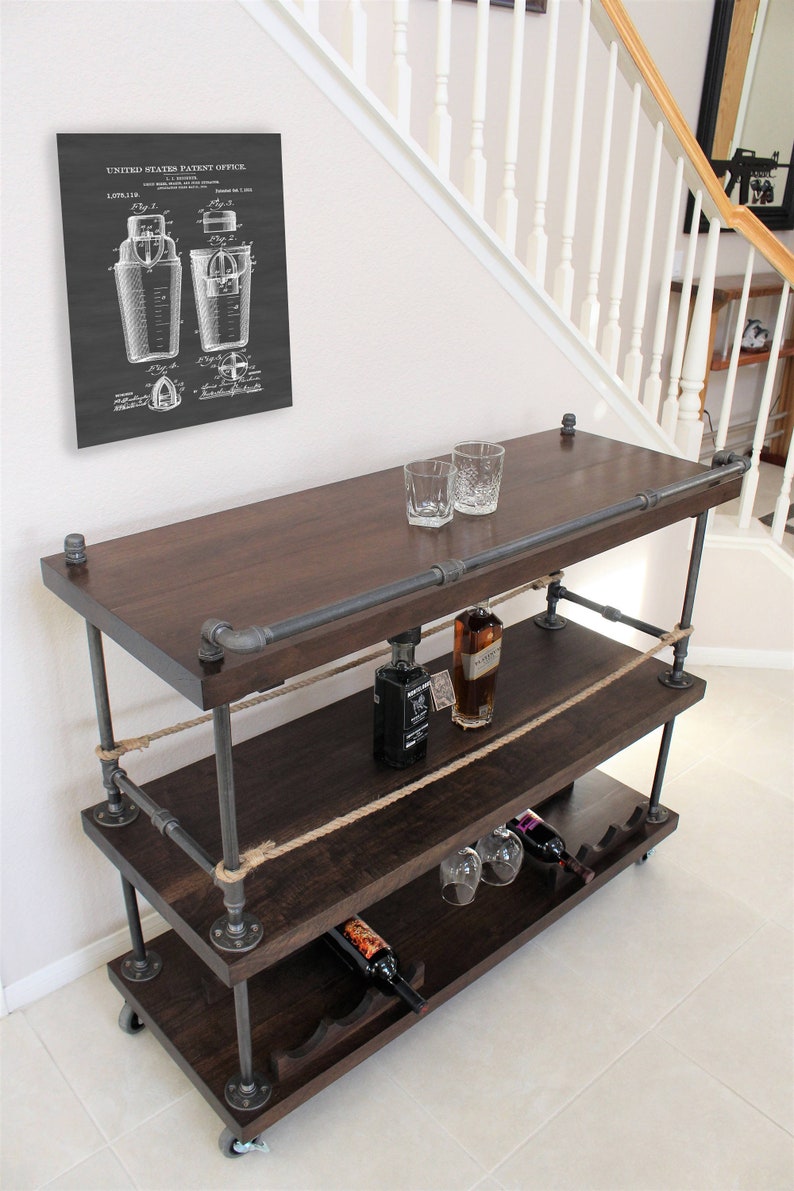 Bar Cart with Pipe & Wood, Liquor Cart, Whiskey bar, Wine Trolley, Industrial Serving Cart, Home Bar on Wheels, Rolling Bar, Liquor Cabinet image 2