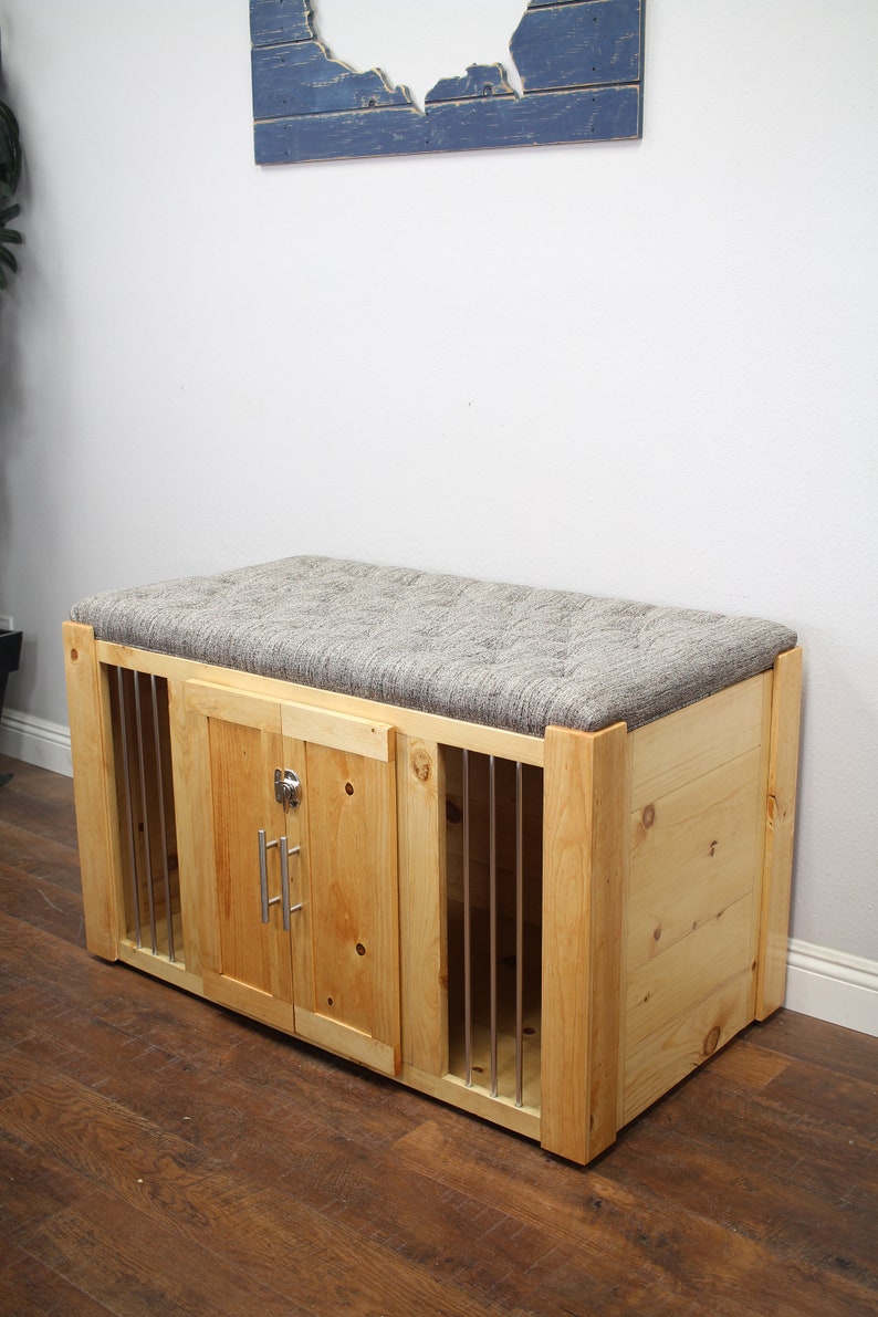 Image showcasing Dog Crate Ottoman, Small Dog Kennel, Soft Cushion Top Crate, Fully ...