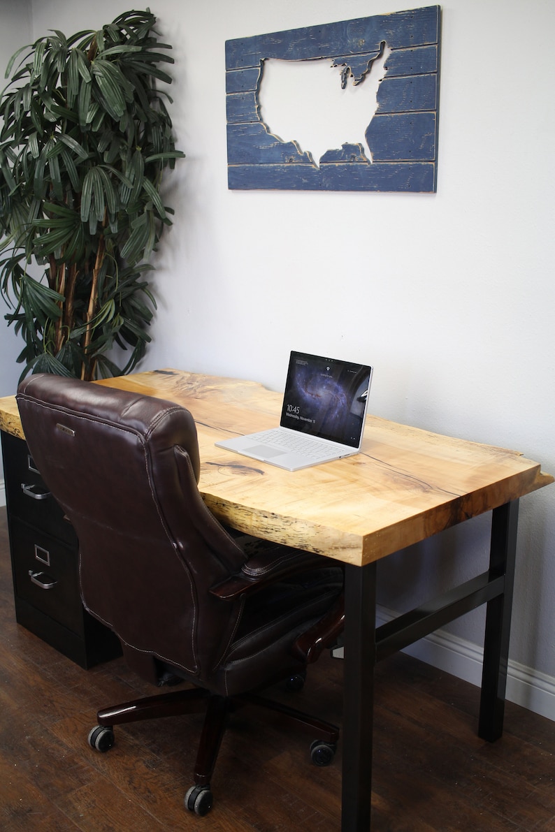 Live Edge Slab Desk / 2 drawer steel Cabinet Solid Wood Top and steel legs / modern / urban furniture / office / home desk / Solid Slab image 3