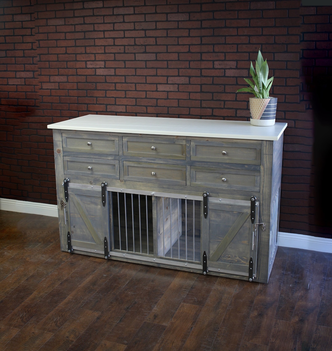View of Dog Crate Kennel Barn Doors With 6 Drawers - Dresser / Credenza / Crate ...