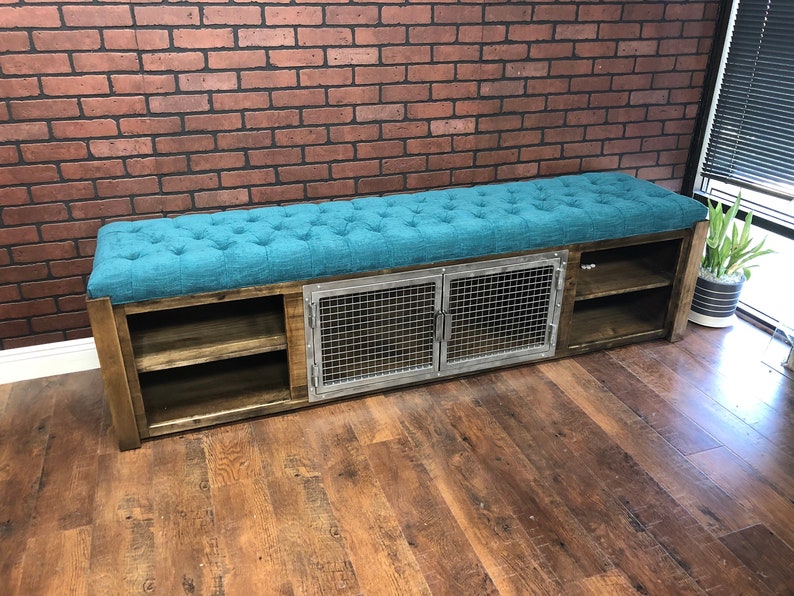 Modern Farmhouse Dog Crate Ottoman Cabinet Bench in solid wood with Soft Cushion Top hand stitched and handmade in USA Bild 7