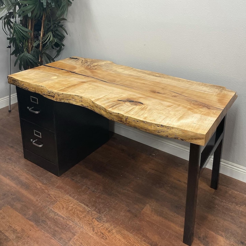 Live Edge Slab Desk / 2 drawer steel Cabinet Solid Wood Top and steel legs / modern / urban furniture / office / home desk / Solid Slab image 4