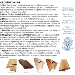 May include: Ordering guide for custom wood pieces.  The guide includes information about size, wood choices, stains, options, checkout, shipping, and the queue.  The image shows five wood samples: white oak, walnut, maple, cherry, and mahogany.