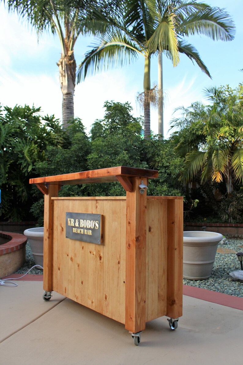 Bar on Wheels w/ Lights / counter / Custom Bar / Serving bar Industrial Solid Wood. Roll out bar. bar. Handmade Bar / wine, bottle opener image 3