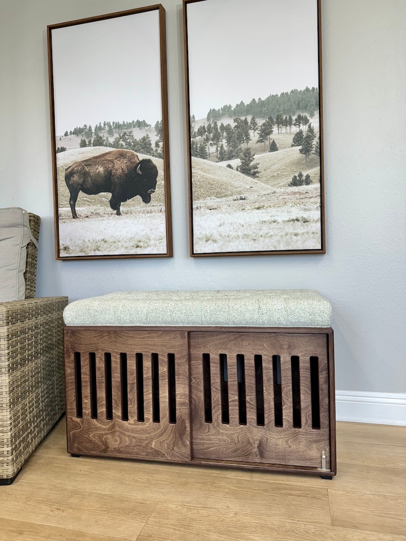 Modern Dog Crate With Sliding Door in Solid Wood, Crate Bench, Cushion ...