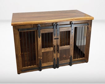 May include: A rectangular wooden pet crate with a dark brown stained finish. The front features two sliding doors with black metal hardware, including rollers and vertical bars. The top surface is solid wood with a visible grain pattern.