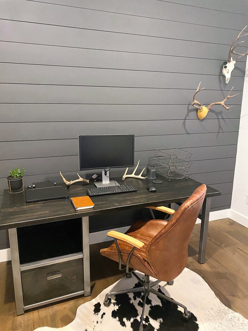 Modern Desk with Shelf in solid wood and large file drawer, Wood & Metal Desk, Executive Desk, Industrial Rustic Office, Home Office Desk image 1