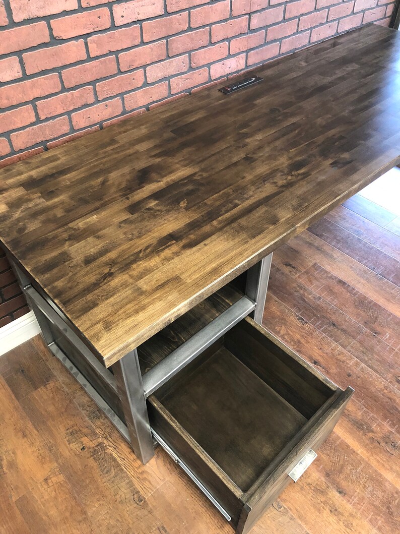 Modern Desk with Shelf in solid wood and large file drawer, Wood & Metal Desk, Executive Desk, Industrial Rustic Office, Home Office Desk image 6