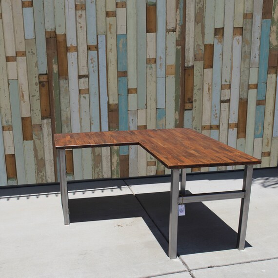 Rustic L Desk W Solid Wood Butcher Top Steel Legs Etsy