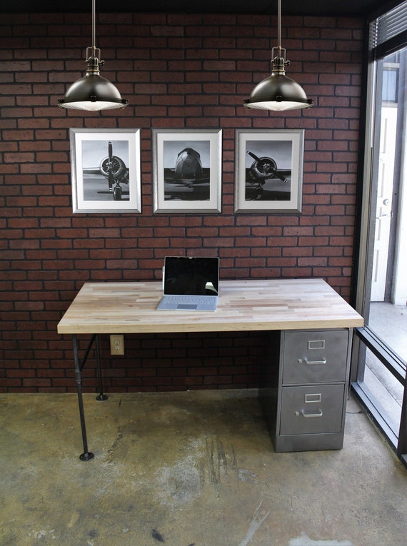 Handmade Industrial Desk, Solid Wood Top, Pipe Legs, Brushed Steel Filing Cabinet