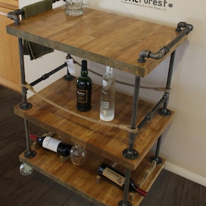 Bar Cart with Pipe & Wood, Liquor Cart, Whiskey bar, Wine Trolley, Industrial Serving Cart, Home Bar on Wheels, Rolling Bar, Liquor Cabinet image 7