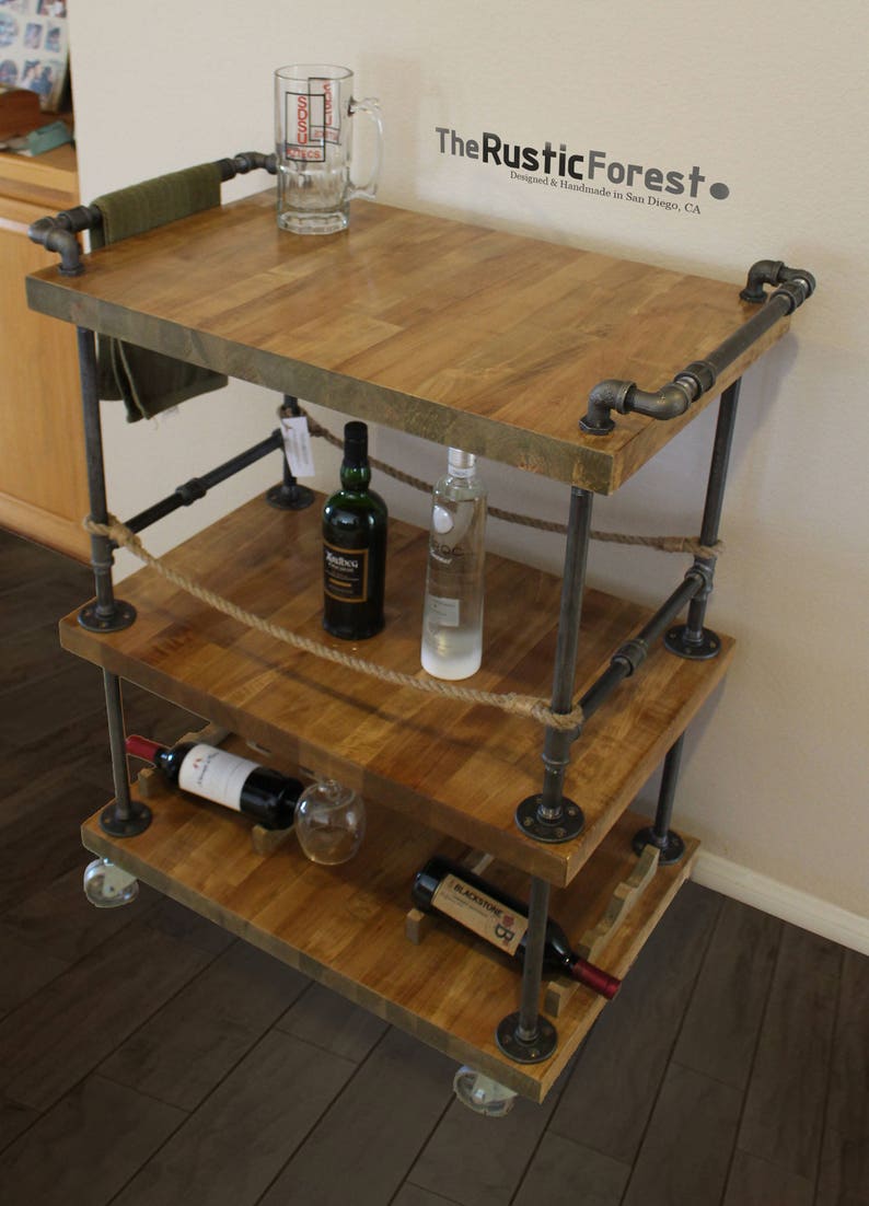 Bar Cart with Pipe & Wood, Liquor Cart, Whiskey bar, Wine Trolley, Industrial Serving Cart, Home Bar on Wheels, Rolling Bar, Liquor Cabinet image 7