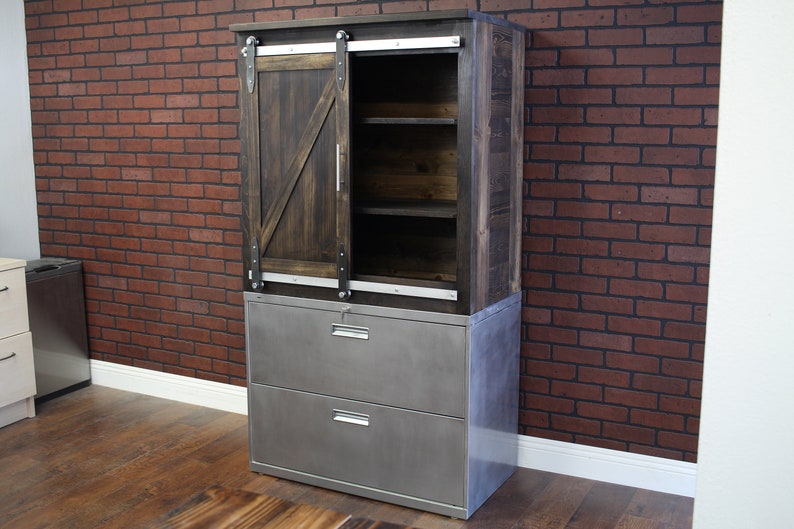 2 Drawer Lateral Cabinet With Sliding Door Wood Above Office Furniture Rustic Storage Unit
