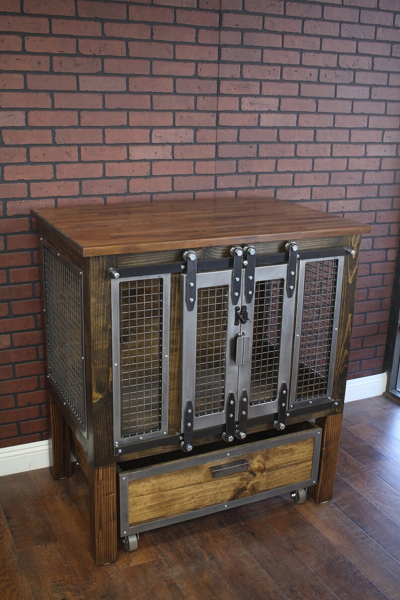 Image showcasing Dog Crate Raised With Sliding Day Bed - Sliding Barn Doors / Rustic ...