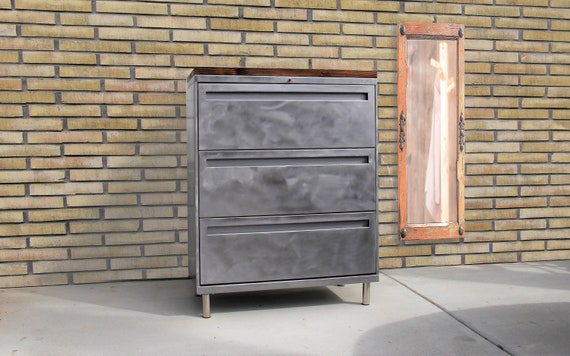 Industrial Dresser Refinished 3 Drawer Metal Cabinet Rustic Vertical Dresser Solid Wood Top Bedroom Furniture Metal Dresser