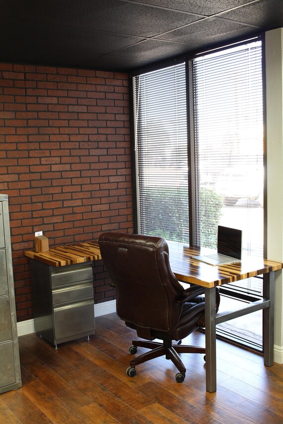 Rustic L Shaped Desk W Refinished Cabinet Wood Butcher Top Etsy