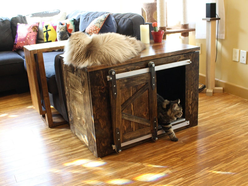 Cat Litter Box Enclosure with sliding barn door in modern farmhouse rustic style in solid wood and handmade in USA image 8