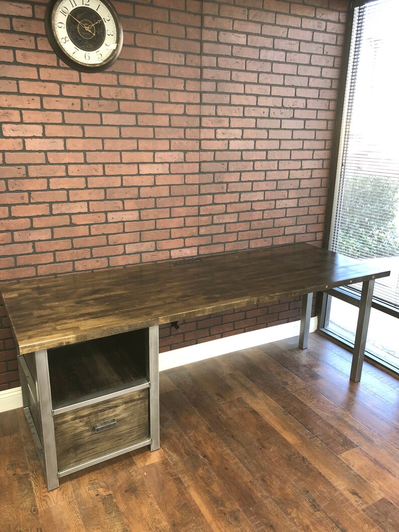 Modern Desk with Shelf in solid wood and large file drawer, Wood & Metal Desk, Executive Desk, Industrial Rustic Office, Home Office Desk image 3