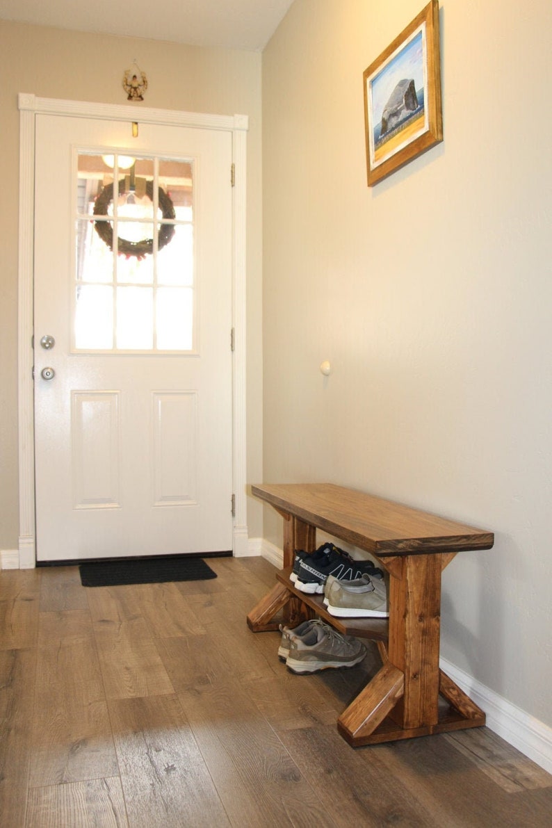 Farmhouse Shoe Bench in solid wood with 2 places for shoes and handmade in USA, entry mud room bench image 1