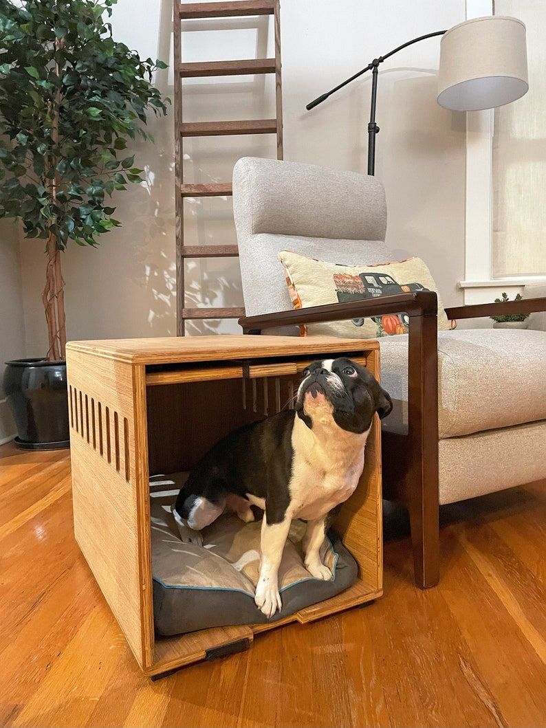 Image showcasing Modern Dog Crate With Flip up Space Saving Door and Cushion, Solid or ...