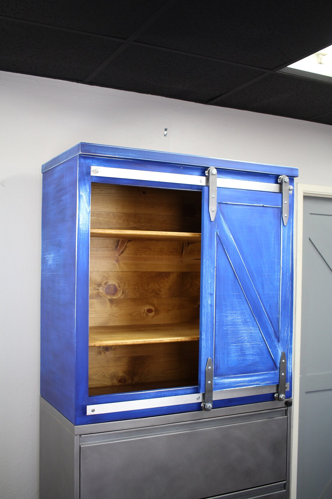 Large Credenza 2drawer Lateral With Sliding Door Wood Etsy