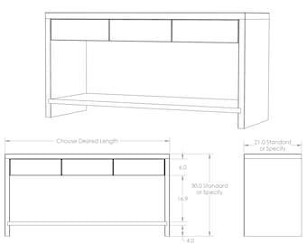 May include: A line drawing of a console table with three drawers and a shelf. The table is 76.2 cm wide and 42.9 cm tall. The table is available in a standard length of 53.3 cm or a custom length.