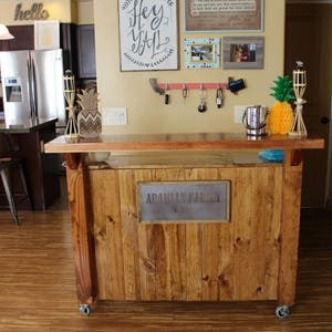 Bar on Wheels w/ Lights / counter / Custom Bar / Serving bar Industrial Solid Wood. Roll out bar. bar. Handmade Bar / wine, bottle opener image 6