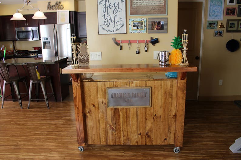 Bar on Wheels w/ Lights / counter / Custom Bar / Serving bar Industrial Solid Wood. Roll out bar. bar. Handmade Bar / wine, bottle opener image 6