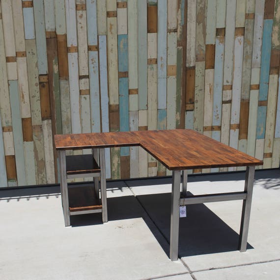 Rustic L Shaped Desk W Solid Wood Butcher Top Steel Legs Shelves Industrial Office Furniture Custom Unique