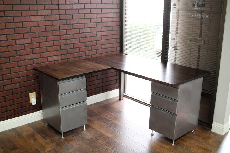 Rustic L Shaped Desk W 2 Refinished Cabinets Wood Butcher Top Steel Legs Handmade Industrial Office Furniture Drawer