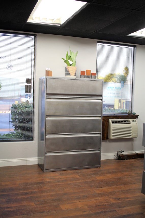 Refinished Large 5 Drawer Metal Filing Cabinet W Wood Top Etsy