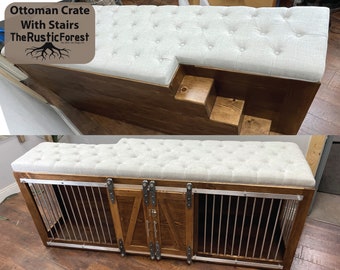 Dog Crate Ottoman with Stairs / Soft Cushion Top / Fully Custom / Dog House / crate bench / rustic furniture / farmhouse pet rustic