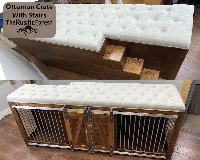 Curated visual reference: Fresh Look at Rustic Dog Crate Ottoman With Stairs Soft Cushion Top
