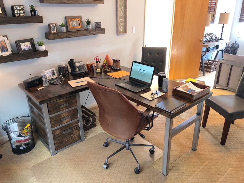 L-Shaped Desk with Cabinet Wood Butcher block steel legs / | Etsy