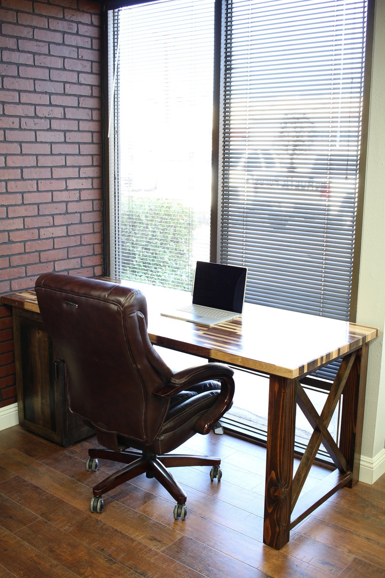 Farmhouse Desk / X legs and Cabinet / Solid Wood Butcher Block Top All wood / industrial / rustic office furniture / unique desk image 3