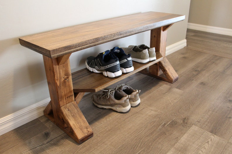 Farmhouse Shoe Bench in solid wood with 2 places for shoes and handmade in USA, entry mud room bench image 7