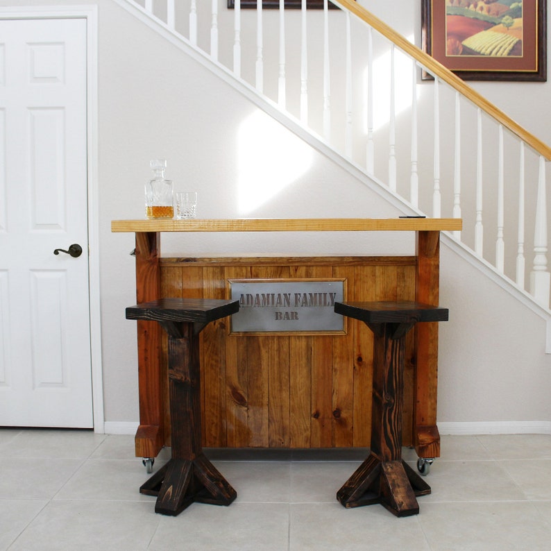 Bar on Wheels w/ Lights / counter / Custom Bar / Serving bar Industrial Solid Wood. Roll out bar. bar. Handmade Bar / wine, bottle opener image 2