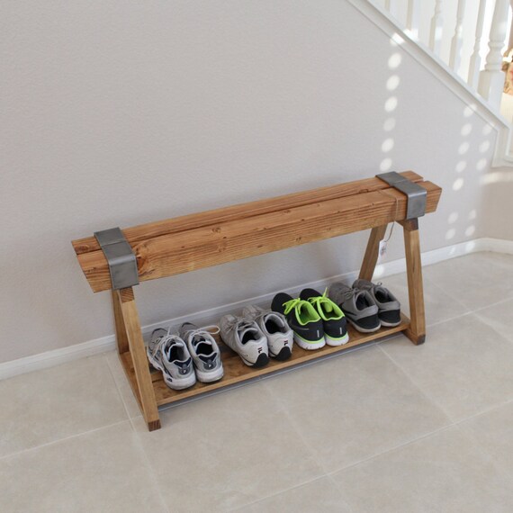 Rustic Shoe Bench Entryway Shoe Rack Wood Steel Handmade Etsy