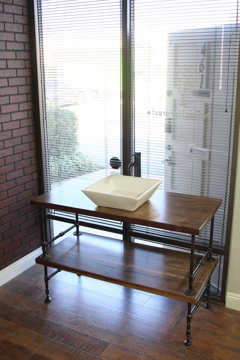 Bathroom Vanity with Pipe, Industrial Restroom Vanity, Pipe Vanity, Rustic Bathroom, 2 shelf Vanity, Solid Wood Vanity Pipe, Pipe Bathroom Walnut