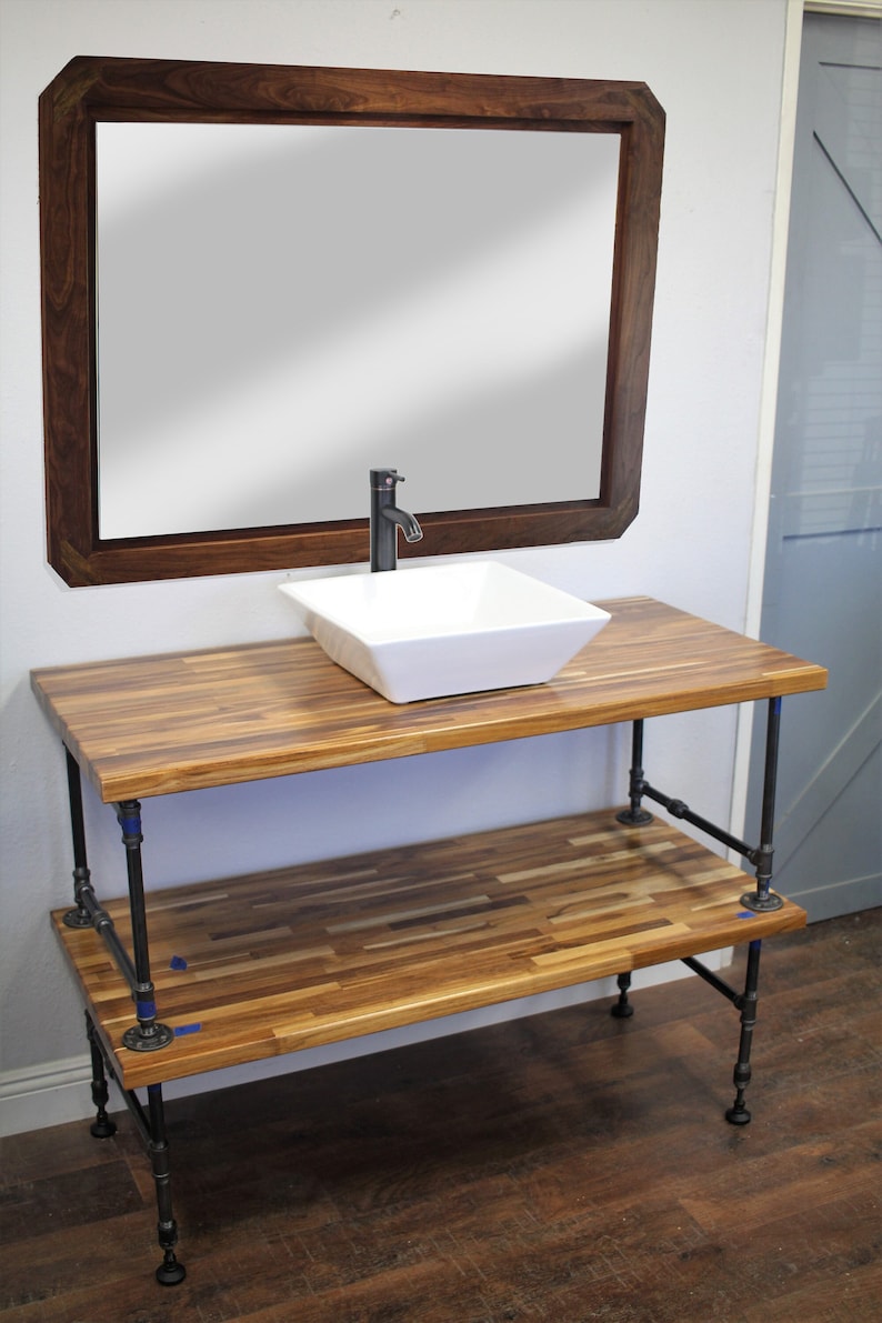 Bathroom Vanity with Pipe, Industrial Restroom Vanity, Pipe Vanity, Rustic Bathroom, 2 shelf Vanity, Solid Wood Vanity Pipe, Pipe Bathroom image 2