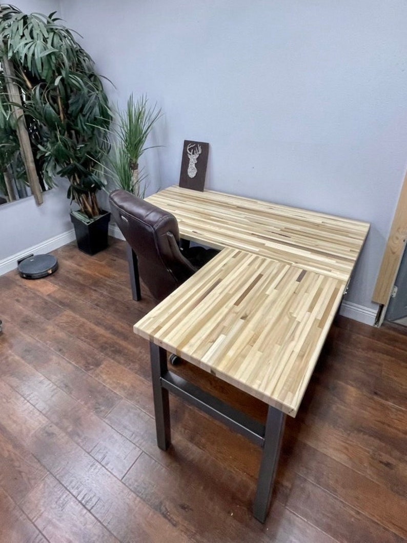 L-Desk, L shaped Desk, Solid Wood Top Rustic Modern Desk, Corner Desk, Industrial Desk, Executive Desk, Home Office, Wood and Steel Desk image 2