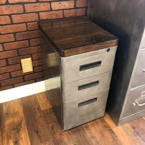 3-drawer Pedestal Metal Filing Cabinet Refinished / Wood Top / industrial / metal filing cabinet / rustic office furniture