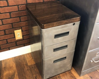 3-drawer Pedestal Metal Filing Cabinet Refinished / Wood Top / industrial / metal filing cabinet / rustic office furniture