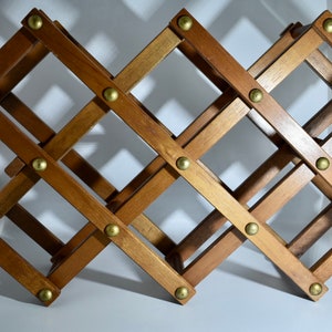 Vintage Wooden Collapsable Wine Rack with Brass Accents|Wine Rack| Fold Up ACCORDION Bottle Holder Mid Mod Century Bar Ware Decor Storage