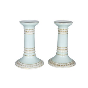 Set von zwei Vintage Mint Kerzenhaltern | Tischdekoration | Blau und Gold Kerzenhalter